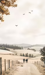 cattle and bird flying over a rural rural road