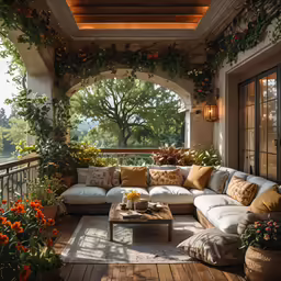 a couch sitting on top of a wooden deck next to a window