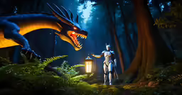 two people in the woods near a giant dragon