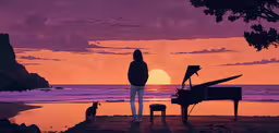the person is looking at the piano and dog,the man is looking out at the sunset with his piano and dog