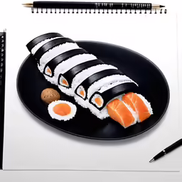 a black plate with sushi on it next to two pens