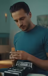a man sitting down, looking at his camera
