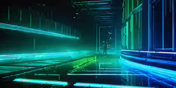 a very abstract photo with neon lights shining,a very futuristic looking looking room with neon lights