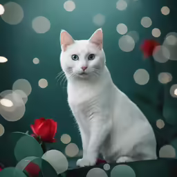 a white cat is sitting on the table
