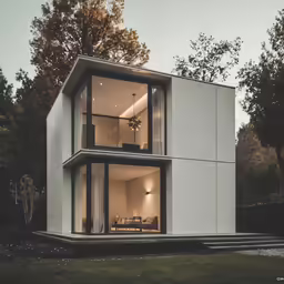 a modern home sits on some grass in front of a large wooded area