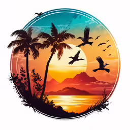 a tropical sunset with flying birds in the distance