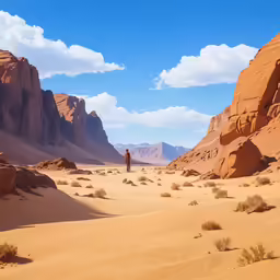 a person standing in the middle of a desert with rock formations