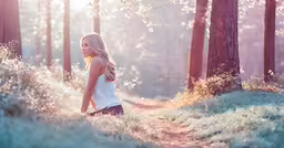 there is a woman walking on the trail in the forest