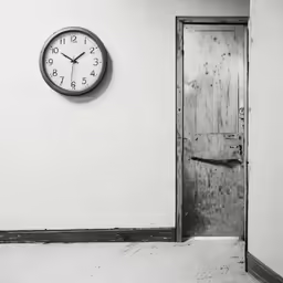 a black and white photo of a clock on a wall