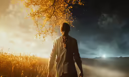 a young man is walking in a field while the sun is shining
