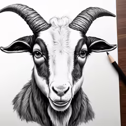 a goat with long horns drawing on paper