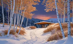 a building sitting between trees and snow covered hills