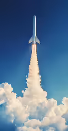 a white jet taking off from a cloud filled sky