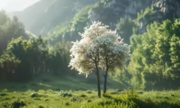 there is a very small white tree in the green grass