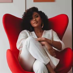 a young woman in white pants is sitting in an egg chair