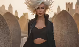 a woman wearing all black clothes standing in front of a stone monument