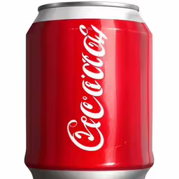 a red can of soda sitting on top of a white surface
