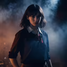 a woman in a school uniform with her hands on hips