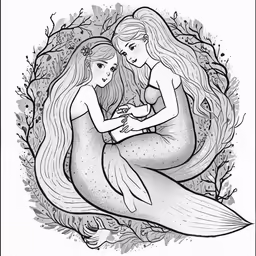 a mother and child mermaids sitting in the water