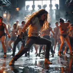 a group of people are dancing on a wet floor