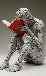 the image depicts a man with a book in his hands