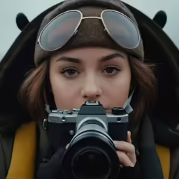 a girl with large aviator sunglasses, hood and goggles on takes a photo