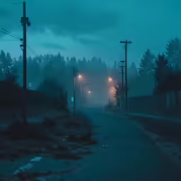 a road is empty with a foggy night
