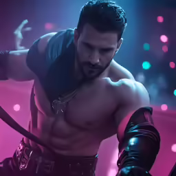 man in dark leather outfit holding weapons on stage