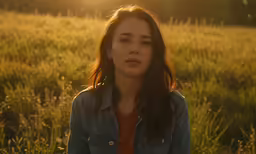 a woman in jeans jacket standing in field with sunset