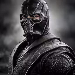 a man in a dark helmet and leather outfit