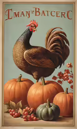 a painting of a chicken standing on some pumpkins