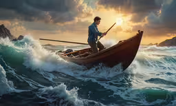 a man stands in his rowing boat as the sun rises over the mountains,a man is paddling his boat over rough waves