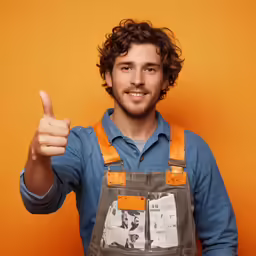 a man in an apron gives the peace sign
