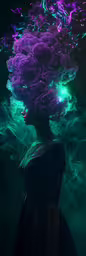 an artist uses color in her painting,a woman with a wig is in front of a group of lights