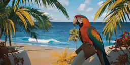 a bird sitting on top of a surfboard next to the ocean