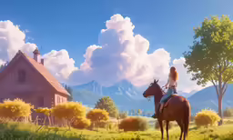 a girl rides her horse in the middle of an animated countryside
