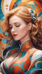a woman with blond hair in blue, orange and white top