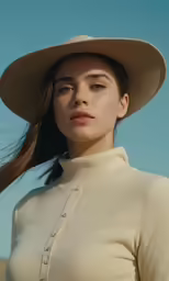 a woman wearing a white hat looking up