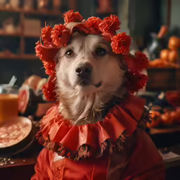 the dog is wearing a red dress and flowers