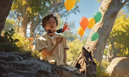 a boy that is sitting next to a tree with some balloons