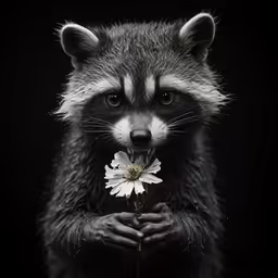 a raccoon that is holding a white flower