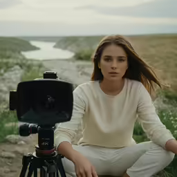 the woman is sitting with a camera and recording the video