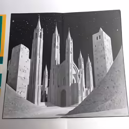 black and white drawing in a book with architectural art