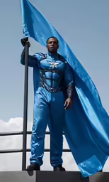 a man in a blue and black costume with a blue flag