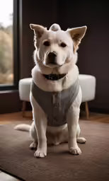 a dog is sitting in front of a window
