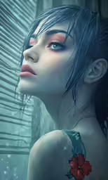 a close up of a woman with blue eyes and a flower in her hair