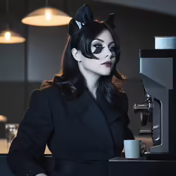 a woman in black outfit holding cup and a machine