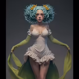 a lady with an enormous green body wearing very long sleeves