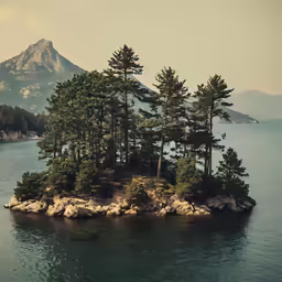 the small island is surrounded by pine trees