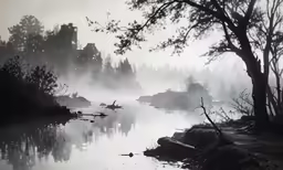 black and white photograph of fog on the water